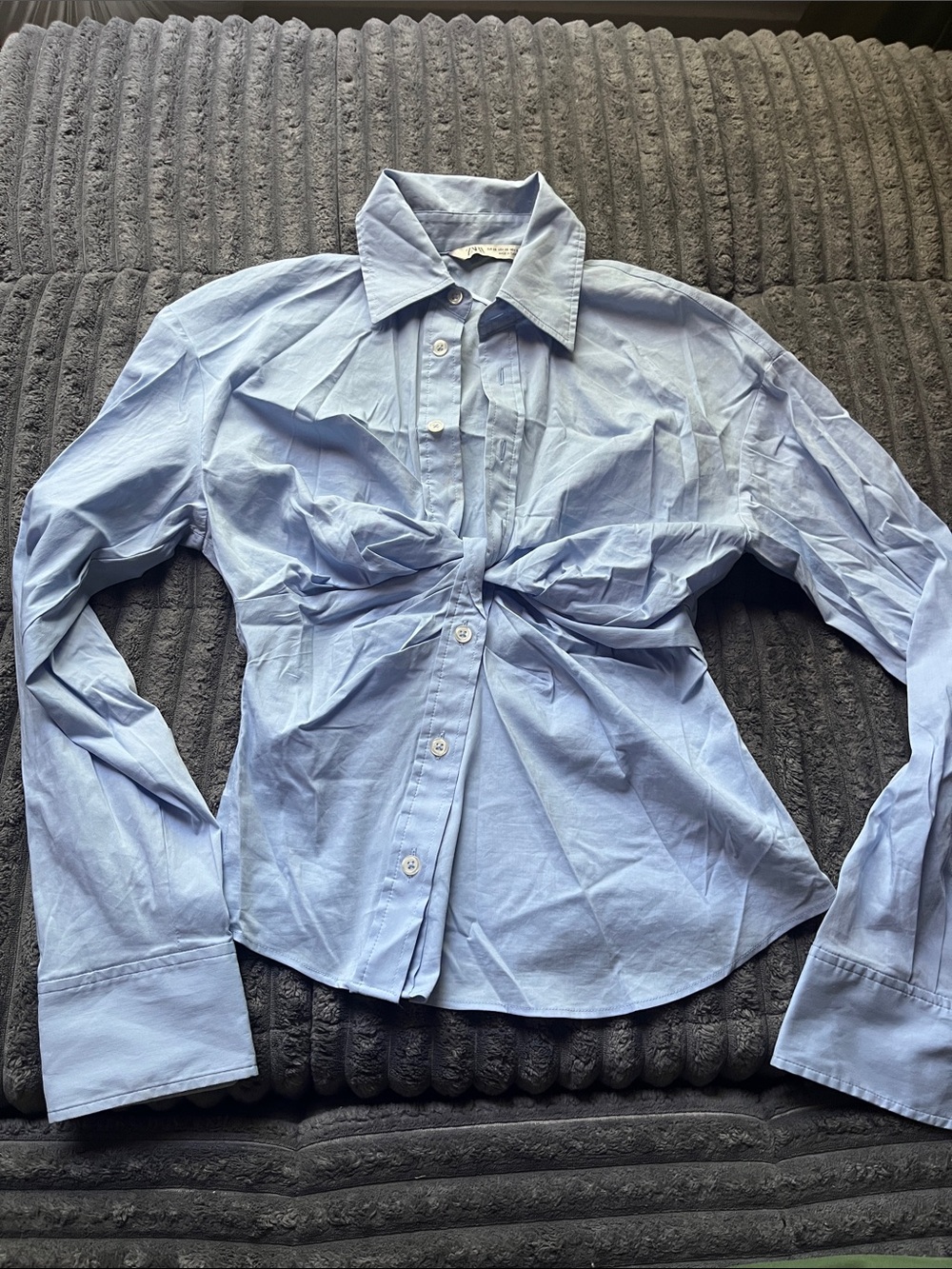 Zara Light Blue Twisted Front Button-Up Shirt XS